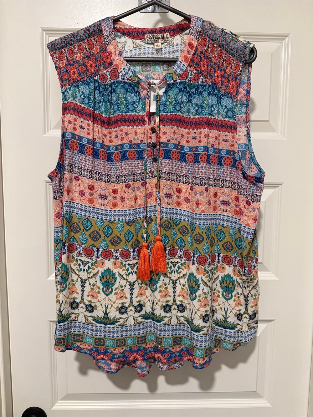 ONE WORLD Multicolor Boho Tassel Sleeveless Blouse